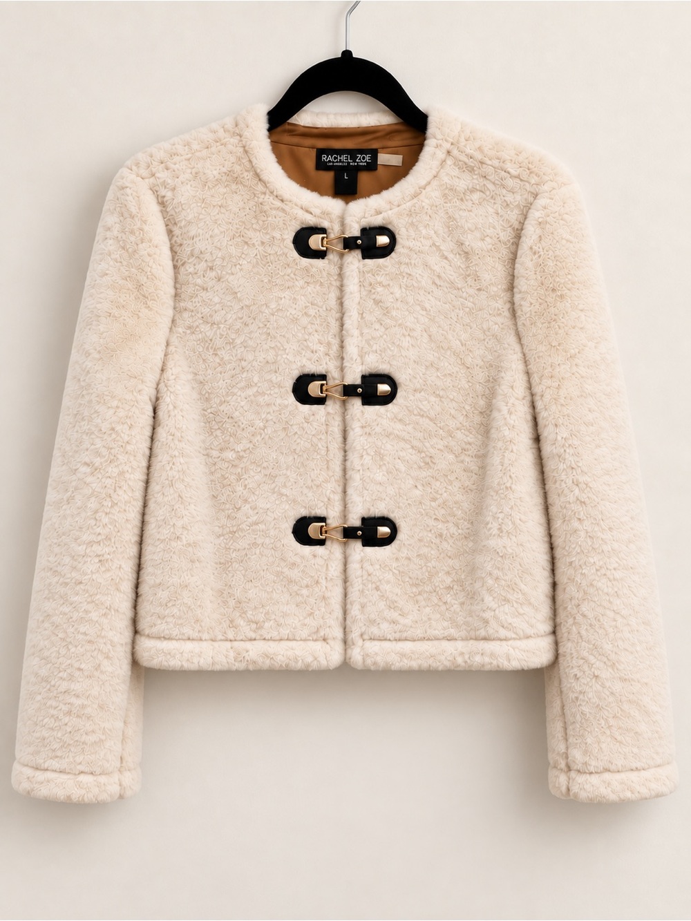 Rachel Zoe Cream Cropped Faux Fur Jacket | Gold-Tone + Black Leather Toggles - L